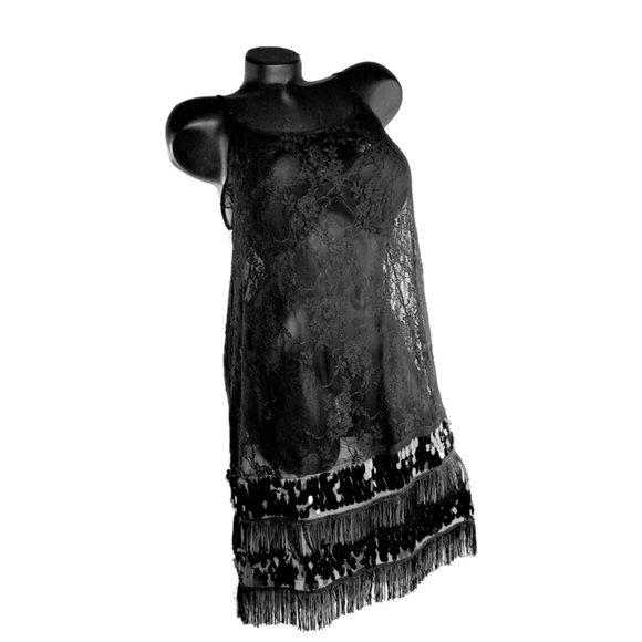 Black Lace  Slip Tank Dress with Sequin & Fringes Extender. - Picture 2 of 5